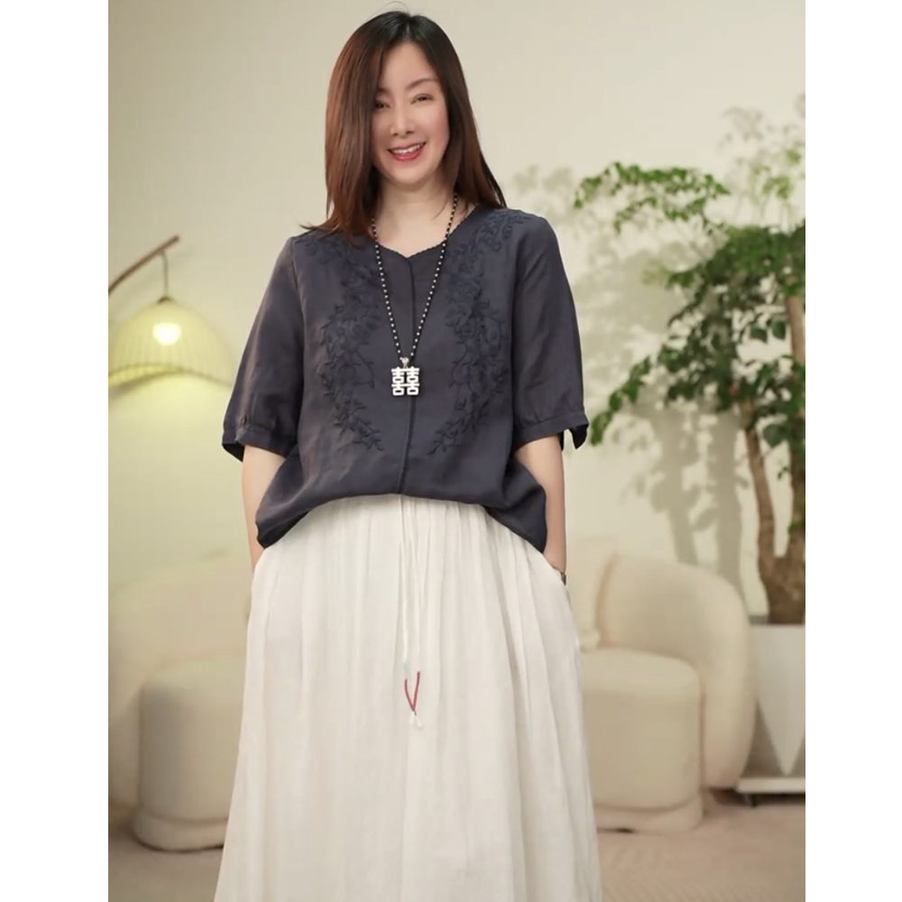 S056/S057 苎麻衬衫女装重工刺绣V领宽松显瘦中袖女士衬衣2025夏