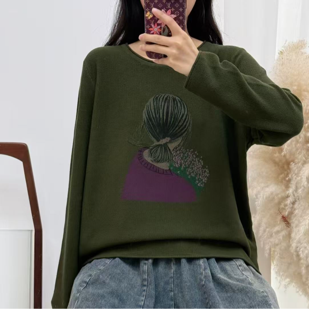 青禾-女孩印花针织打底衫百搭复古网红休闲套头毛衣上衣MHT3115