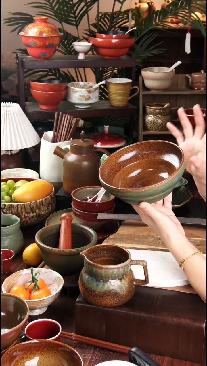 碗微瑕景德镇手工高温餐具铜红面碗