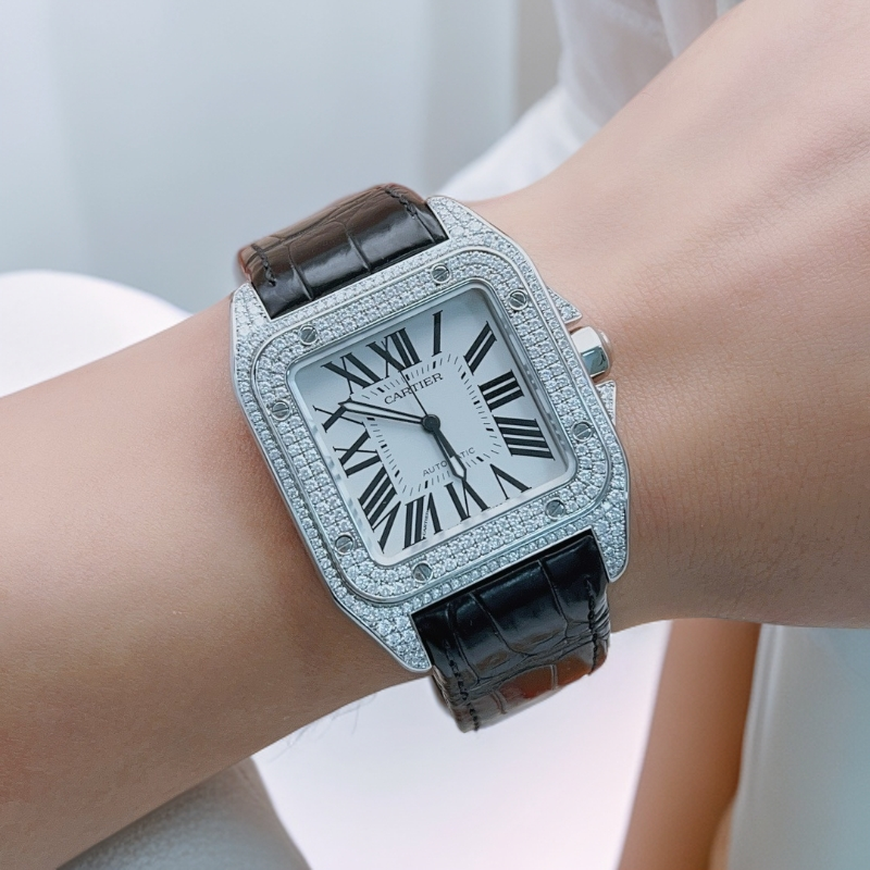 95新 Cartier/卡地亚 大号桑托斯山度士W20073X8后镶钻 男士腕表