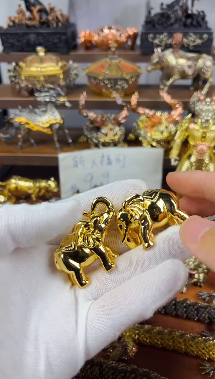大象一对黄铜摆件镀金