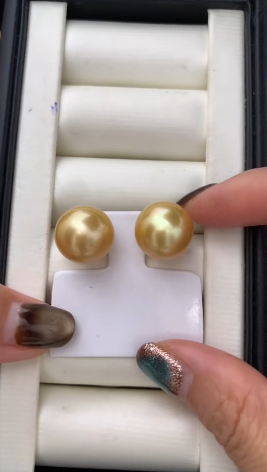 18K金镶嵌耳饰定制海水珍珠喀****店14-15mm南洋金珠