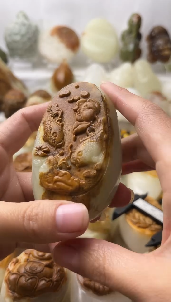 石材古青石棉纹正常不退换荷花鱼微瑕