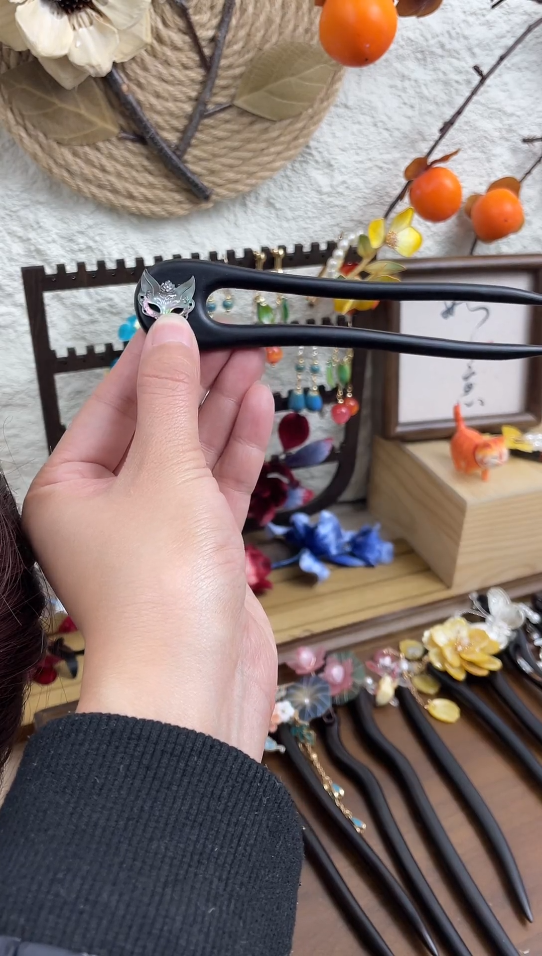 非金属木质人*15厘米黑檀木U簪黑白狐狸双面