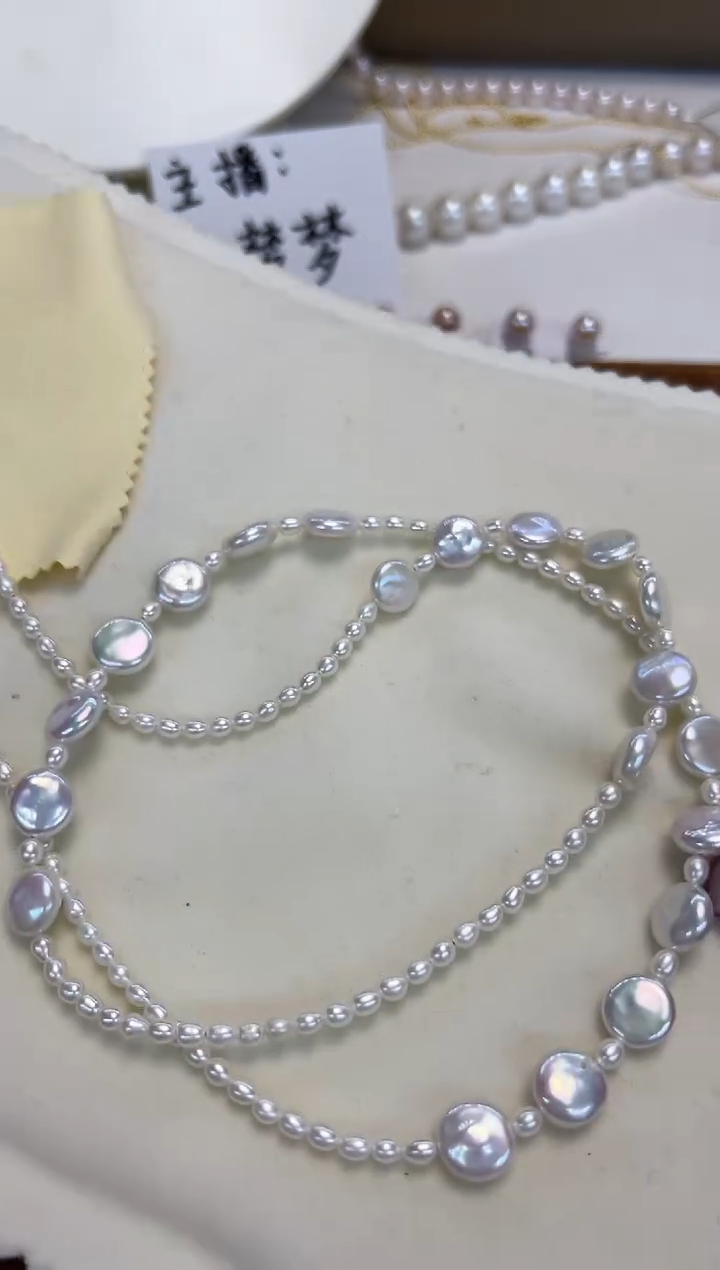 颈饰银S925镶嵌淡水珍珠白珠毛衣链