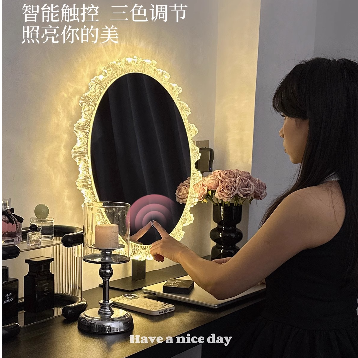 太阳花水晶化妆镜梳妆台化妆镜灯镜一体桌面轻奢高级感可旋转调光