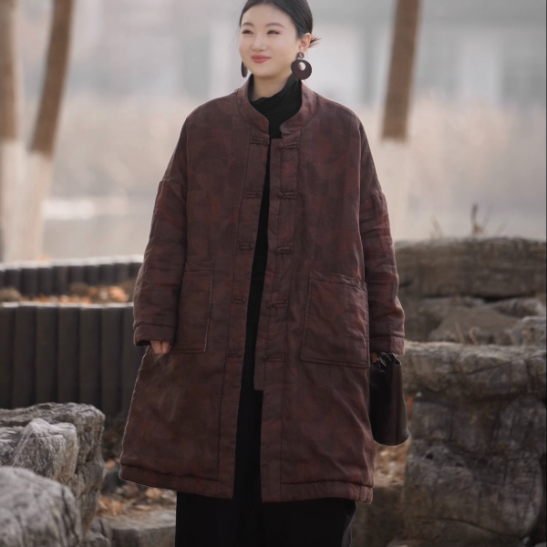 满汇阁2025冬季新款老钱风印花亚麻羊毛服外套25001