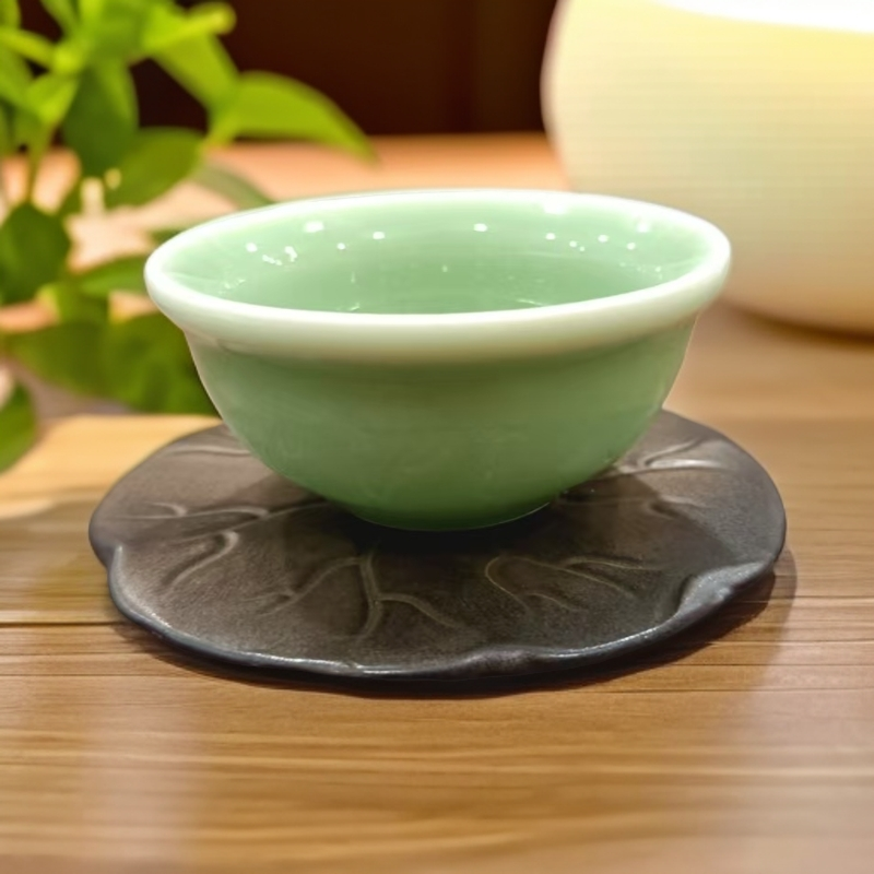暖小瓷青野柴窑荷叶杯垫壶垫隔热垫茶叶茶托手工立体雕刻杯托陶瓷