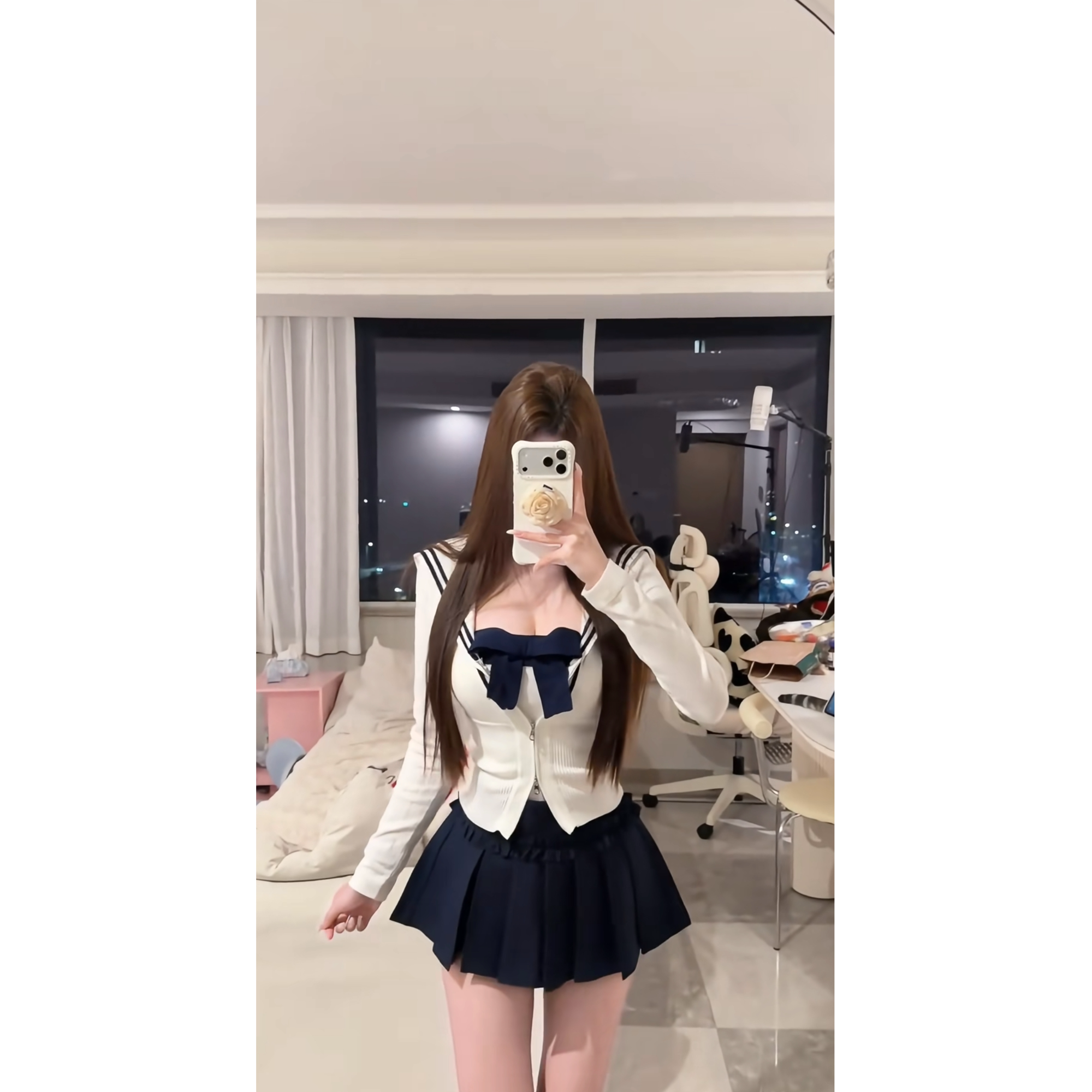 纯欲辣妹海军领针织弹力开衫抹胸蝴蝶结上衣女显瘦百褶短裙两件套