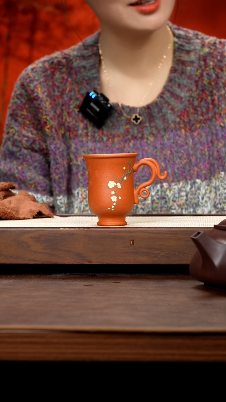 【闪购商品】紫砂茶壶红降坡泥绘花带把杯子