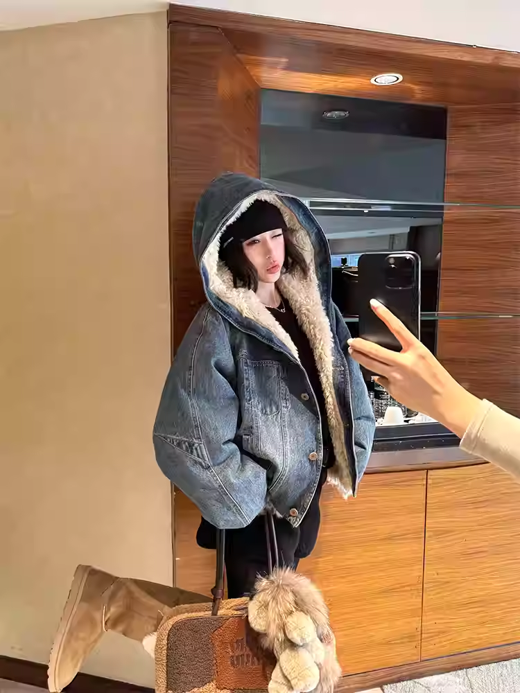 LynkaVogue韩系复古加厚毛绒牛仔外套女2025冬季新款百搭加绒外套