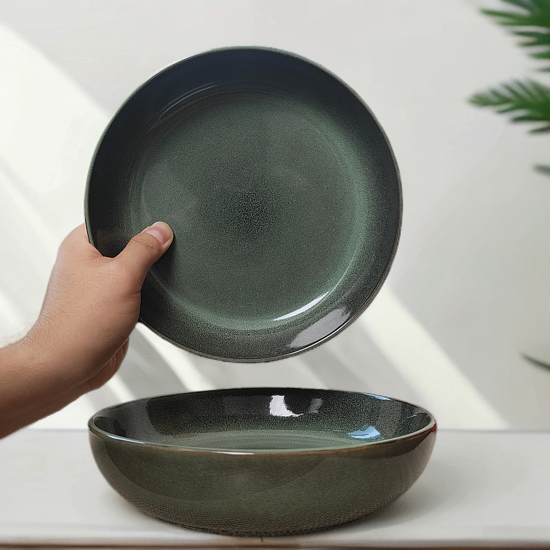 复古窑变釉家用陶瓷菜盘釉下彩8寸复古松石绿加深加厚菜盘圆形311