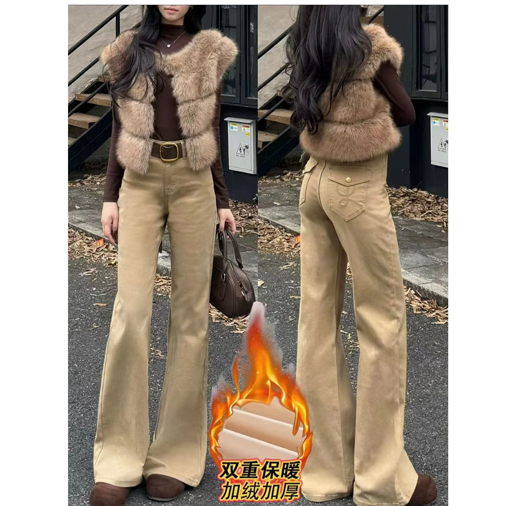 摩卡灰加绒直筒微喇女冬季新款高腰显瘦宽松不贴腿喇叭裤子1