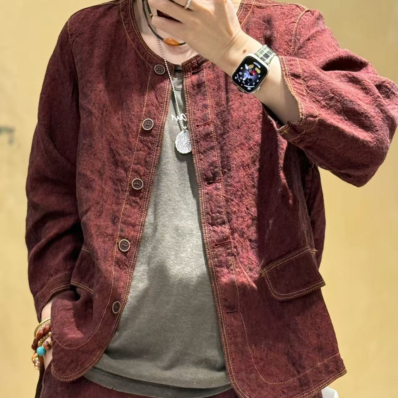 2025春季新款色织双色亚麻三压线两穿短上衣250315休闲时尚重工