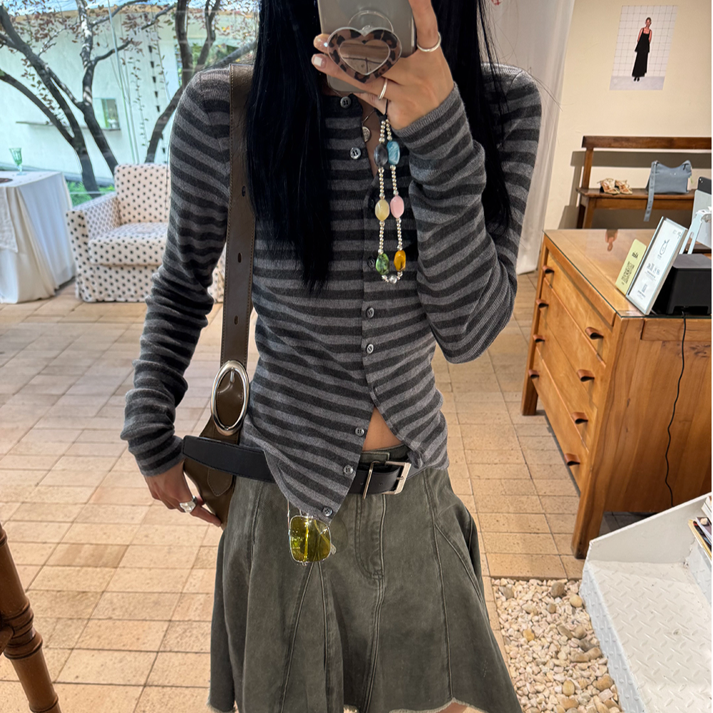 【清】IN choose u笑笑家2025秋季长袖羊毛针织开衫女条纹毛衣89851