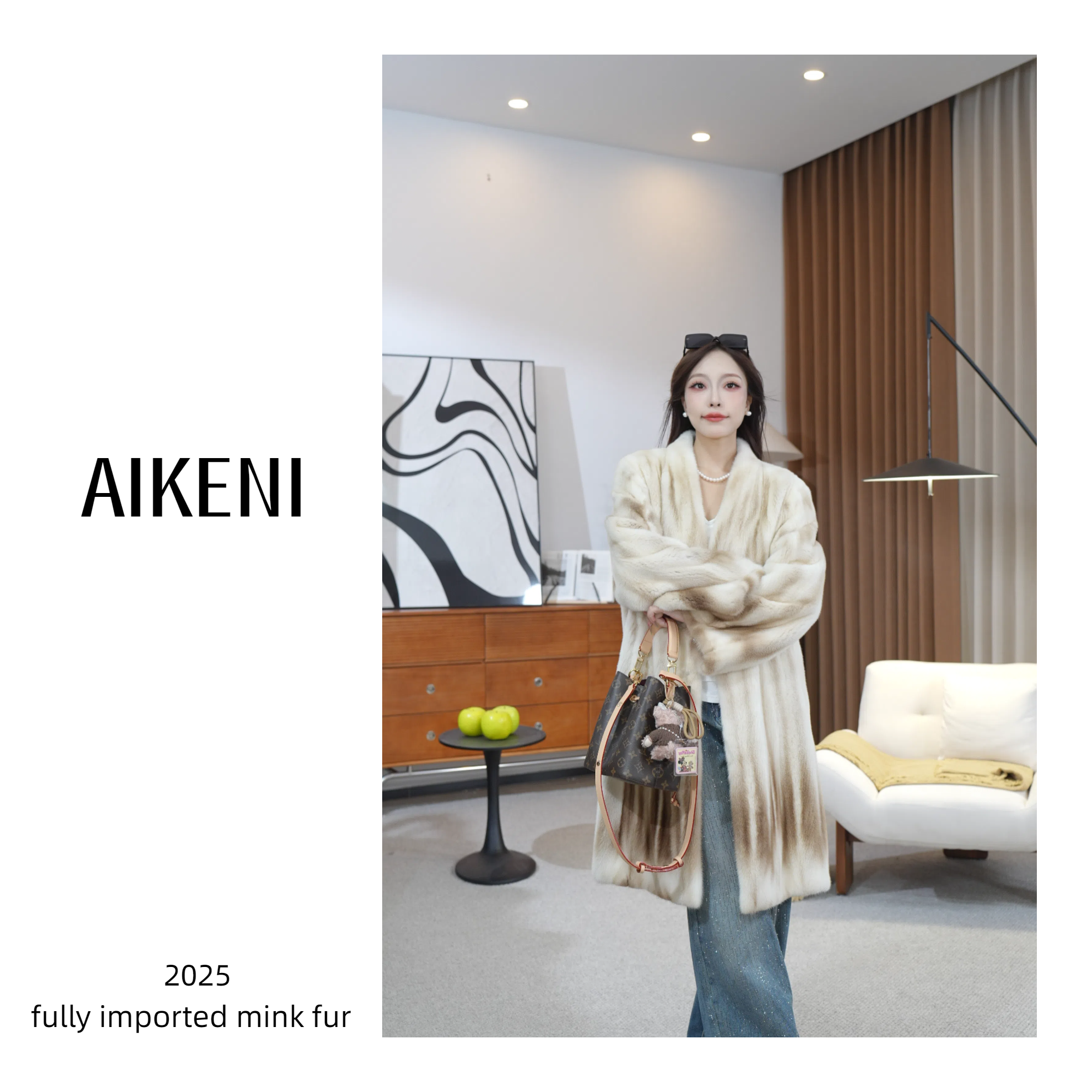 AIKENI【雅致风华】进口稀有大理石色长款水貂外套