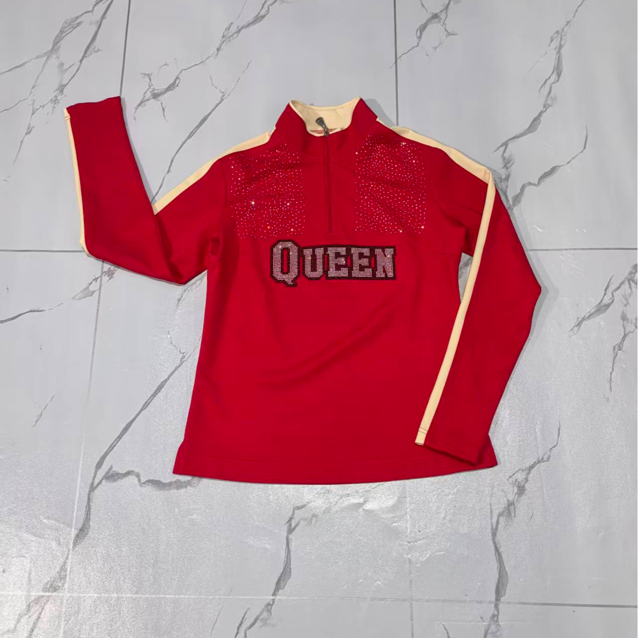 新款福利佳木斯健身操红色修身时尚显瘦腰高弹罗马棉长袖单件T恤