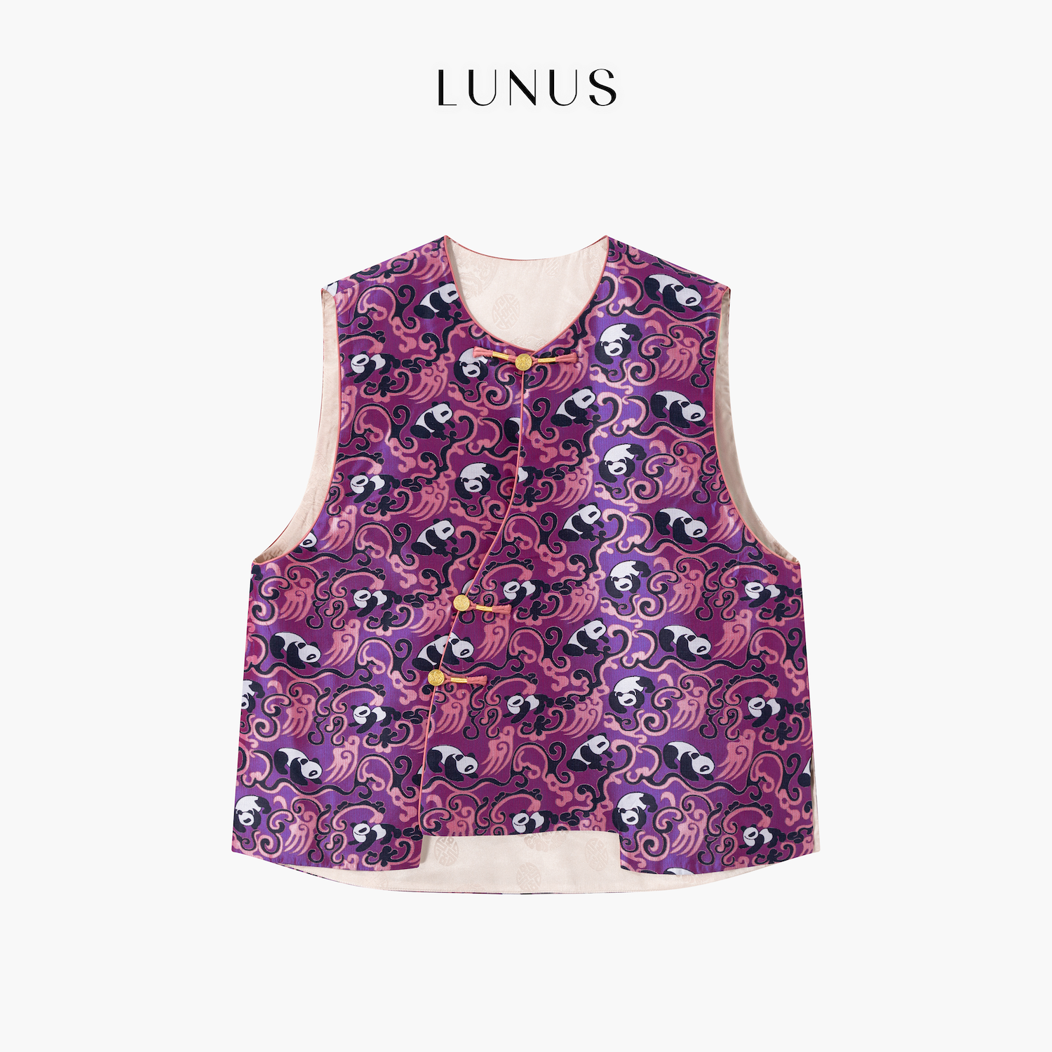 LUNUS「福气连连」100桑蚕丝熊猫云气纹蜀锦优紫色斜襟背心马甲