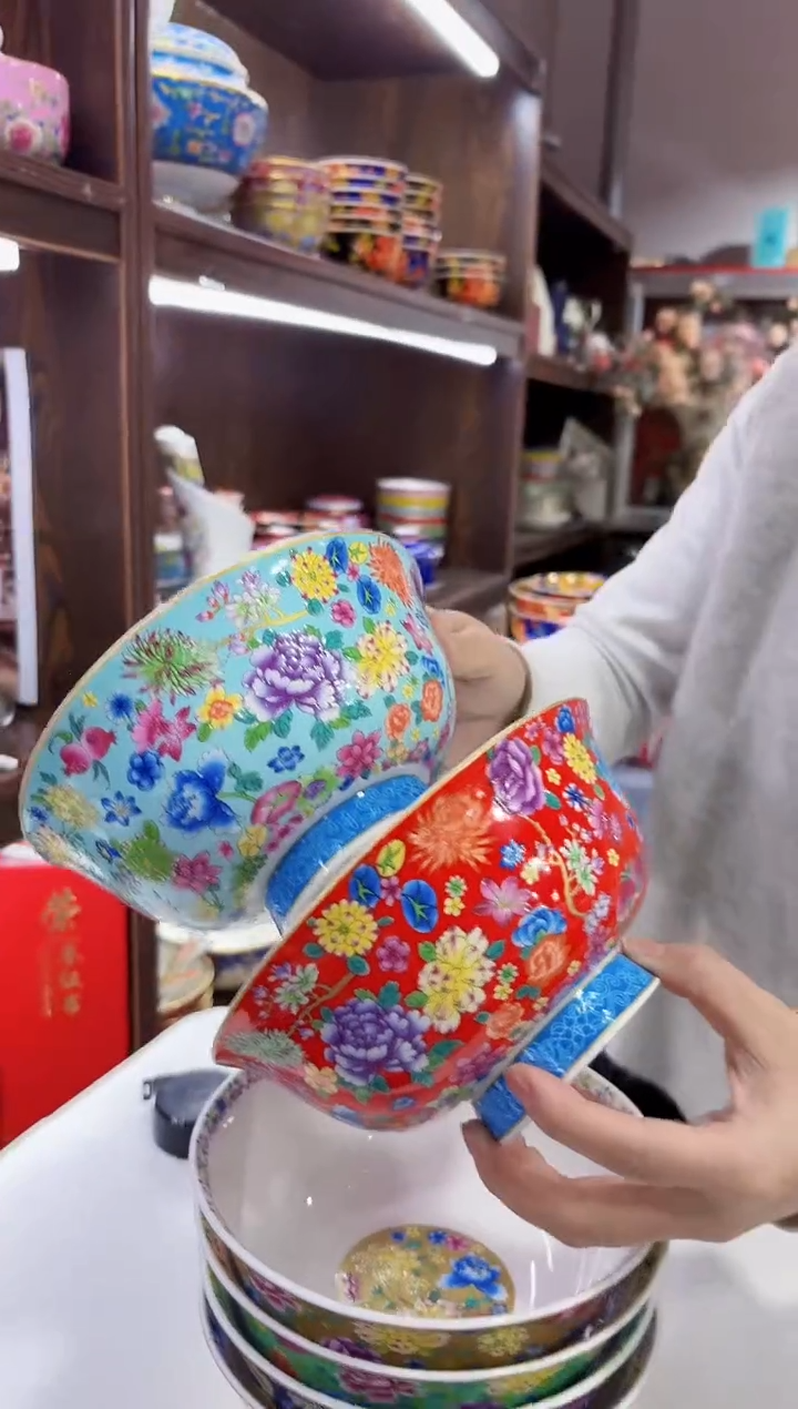 珐琅7英寸面碗2个景德镇陶瓷