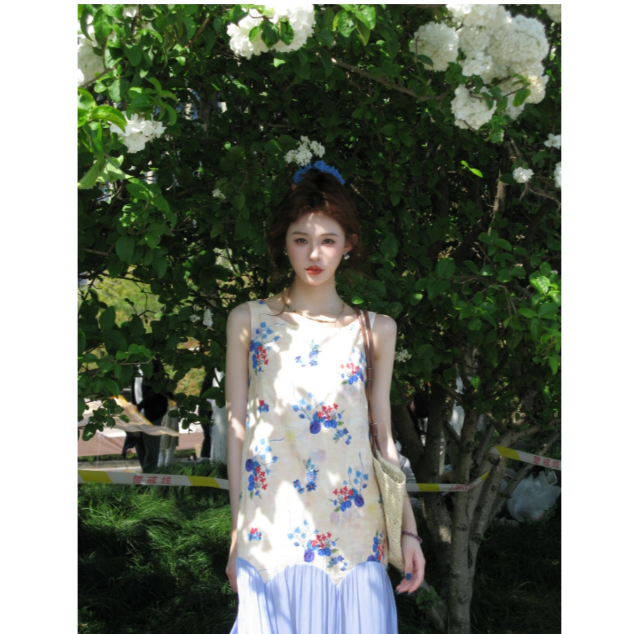 1【天丝棉】【锦上添花】刺绣碎花连衣裙夏宽松拼接吊带长裙XMZH6852