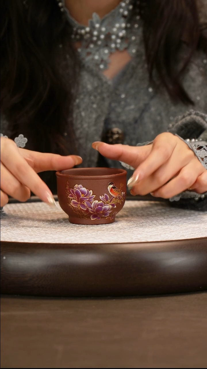 紫砂紫泥花鸟变色杯