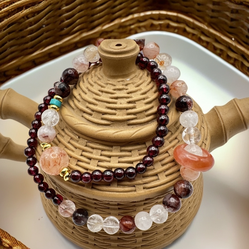 《梦幻》石榴石+红胶花 南红跑环 双圈手串【款号291*】