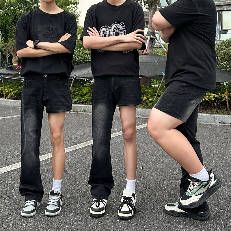 水洗黑色大码高弹微喇牛仔裤男秋冬美式复古设计感显瘦微喇直筒裤