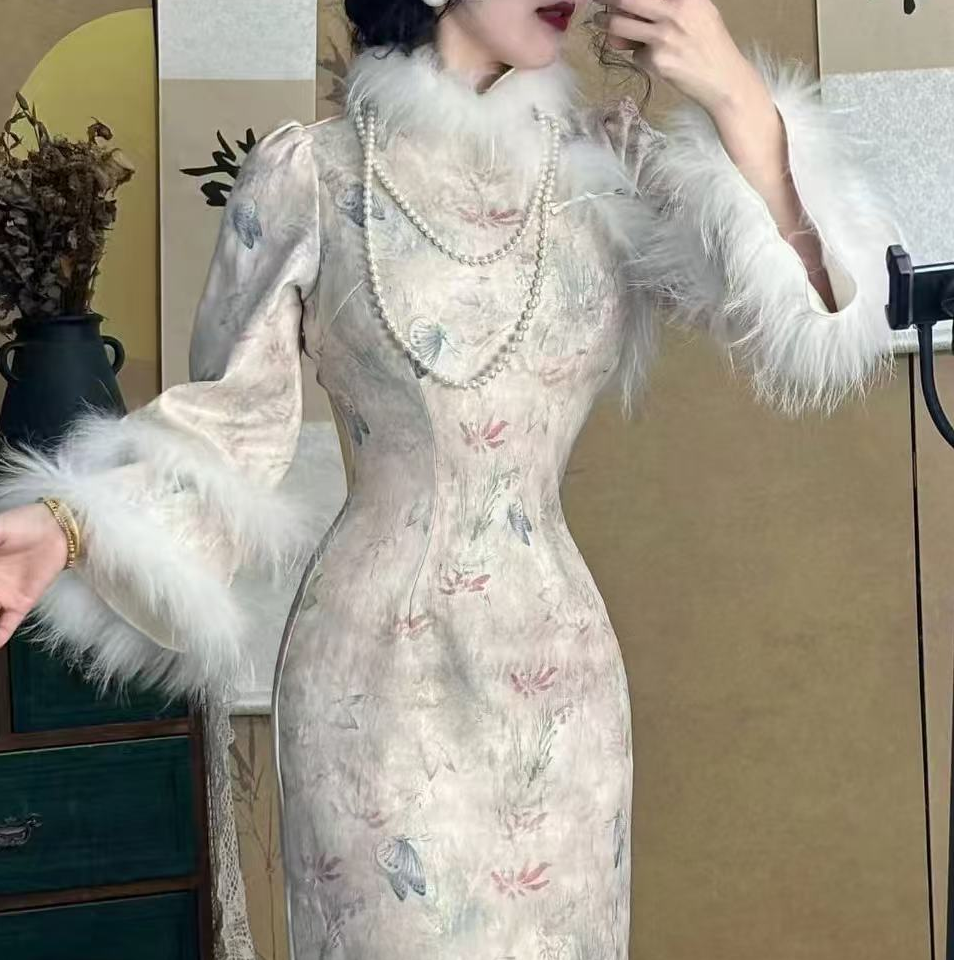 画报金夫人  自制秋冬厚款立体温柔蝴蝶真毛旗袍连衣裙  香妃迷蝶