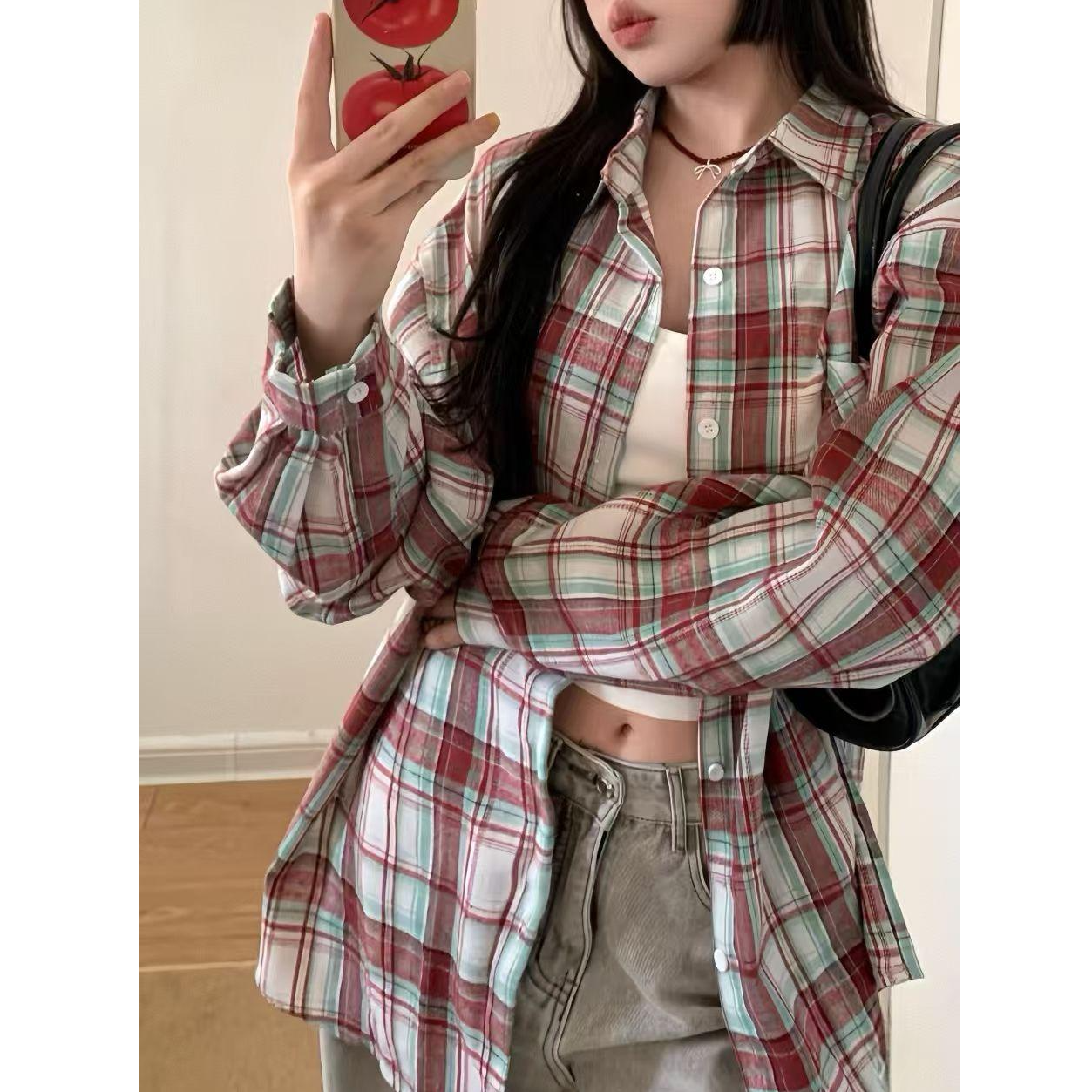 美式复古红格子衬衫女春秋季2025新款Polo领衬衣宽松叠穿长袖上衣