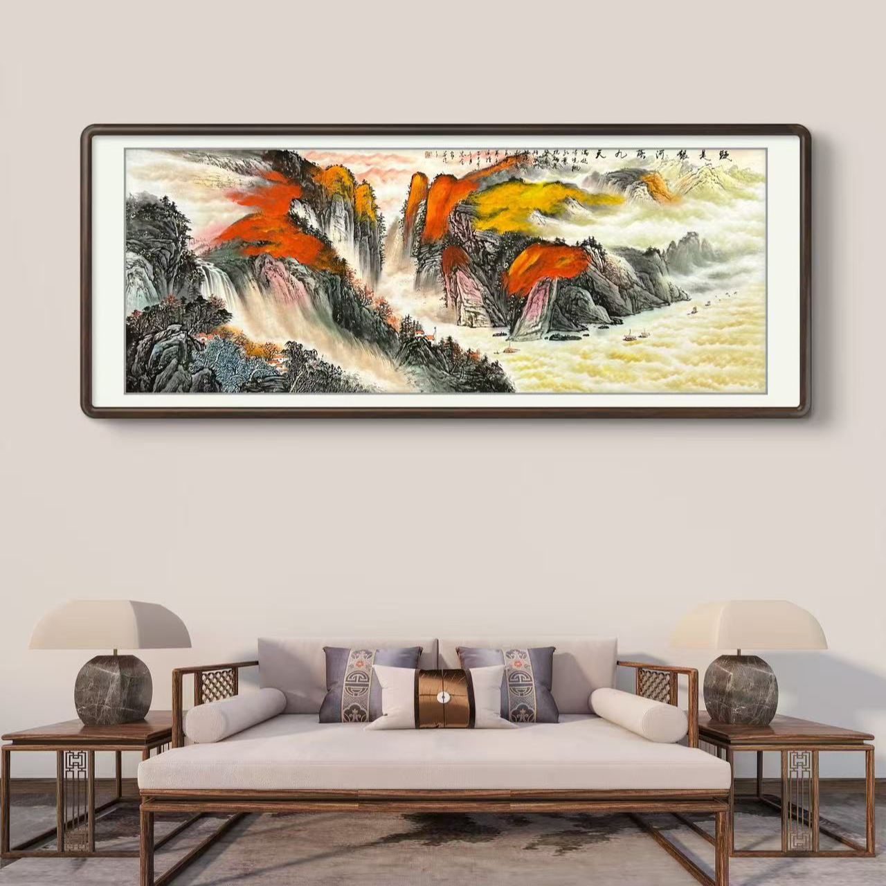 《疑是银河落九天》手绘泼彩山水画客厅办公室背靠金山国画挂画作品