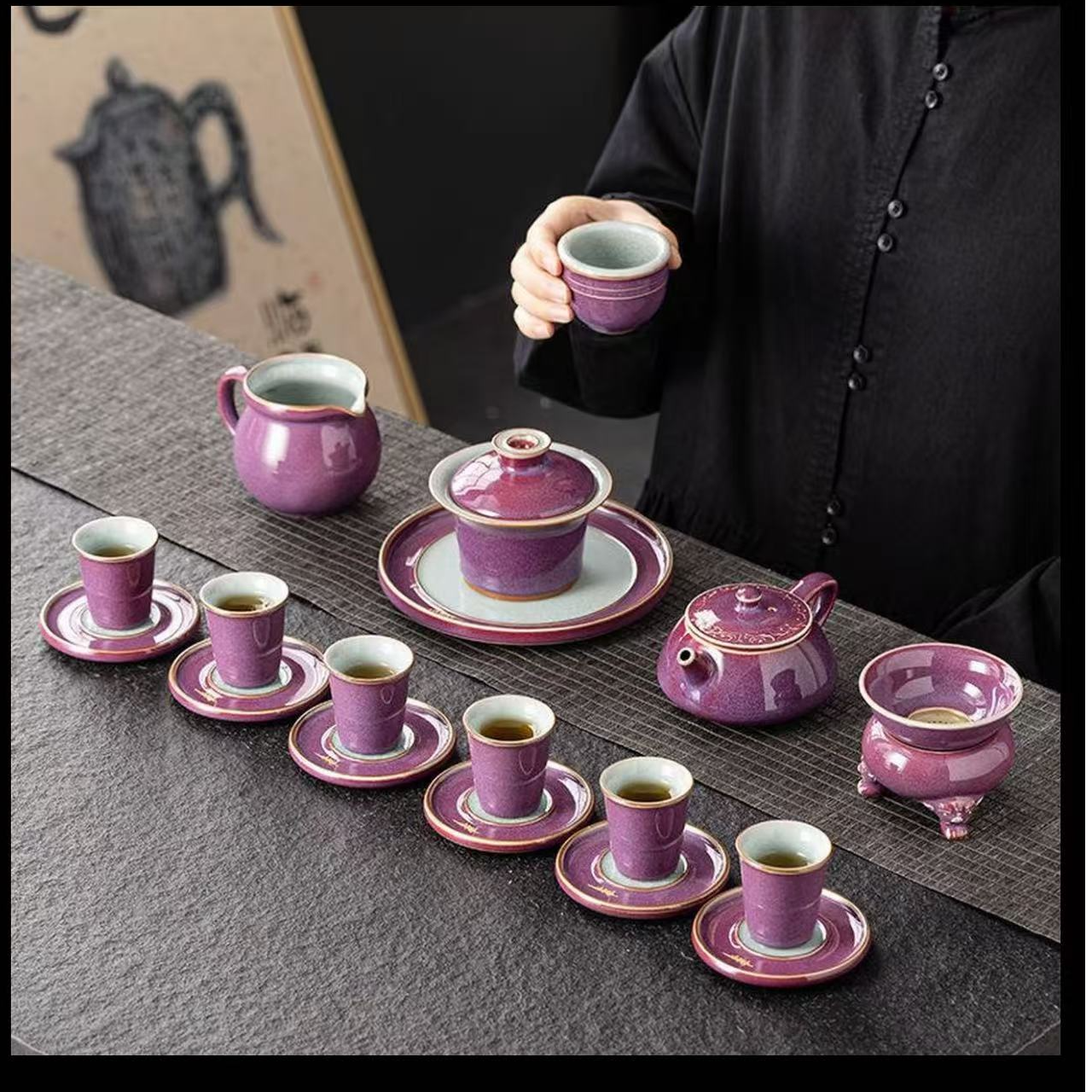 紫冰花功夫茶具钧窑茶壶茶杯整套泡茶器陶瓷三才盖碗 T033