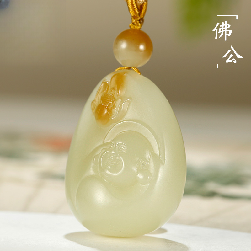 和田玉佛公糖白荷花大肚弥勒佛花开见佛吊坠