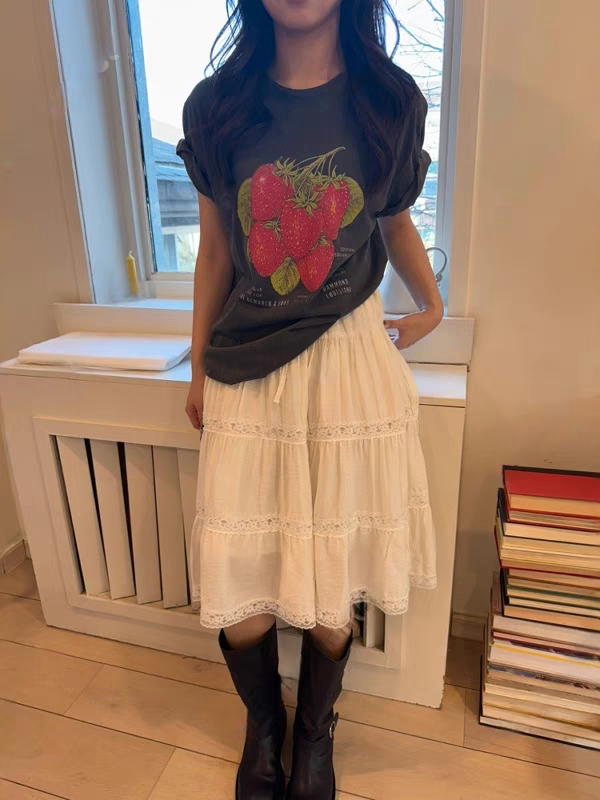 【69-139】蕾丝拼接轻盈感半身裙米杏色雪纺叠穿仙女裙高腰显瘦