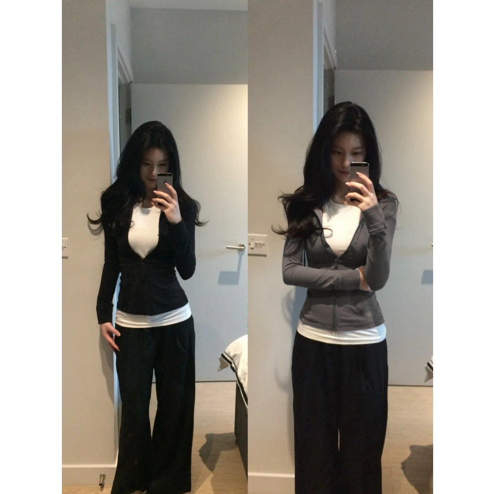 修身假两件上衣女黑色短款t恤2025秋季新款内搭独特超好看小个子