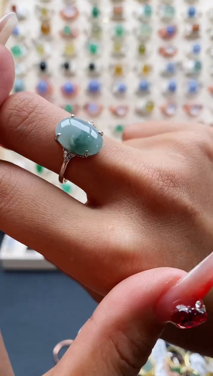 【闪购商品】翡翠戒指银S925镶嵌缅甸天然A货翡翠222 3+10