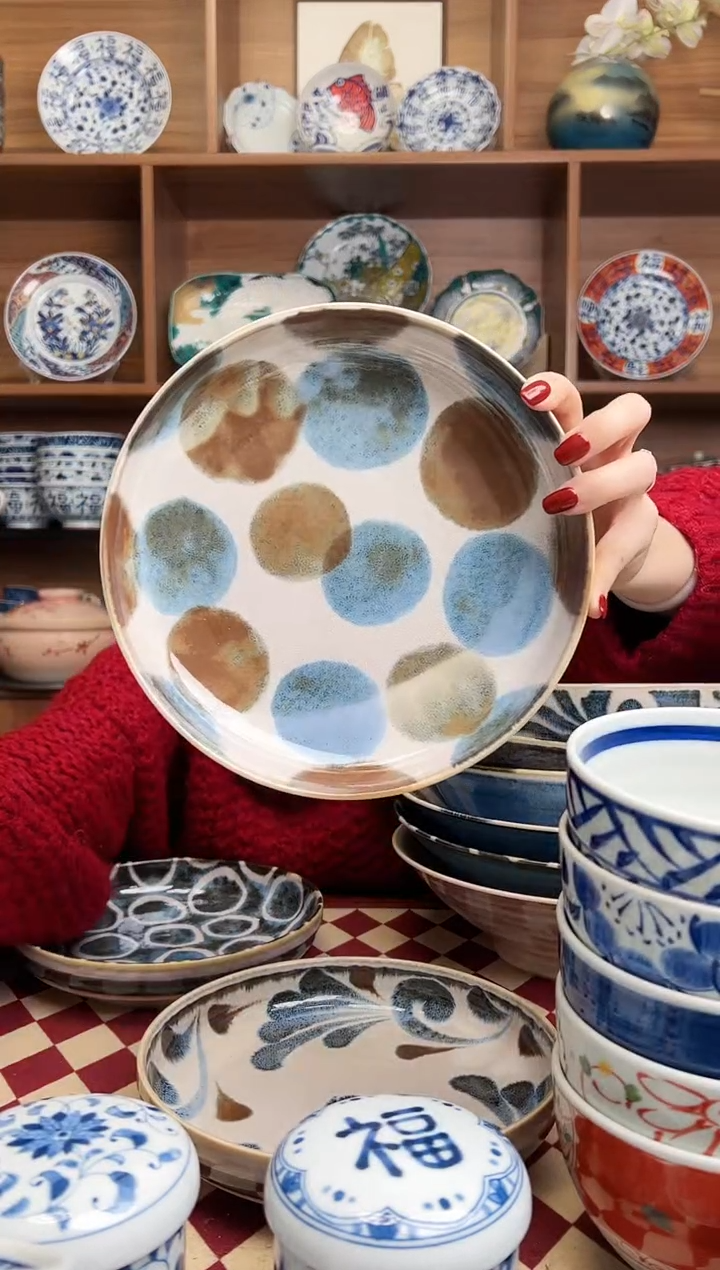 【闪购商品】瓷片笔青棕色点打20.3cm意面盘