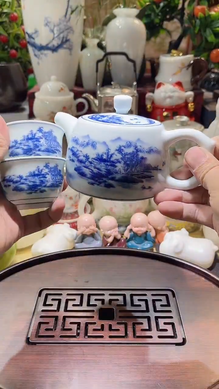 瓷片德艺茶器直播间@@井栏壶牌山水2杯