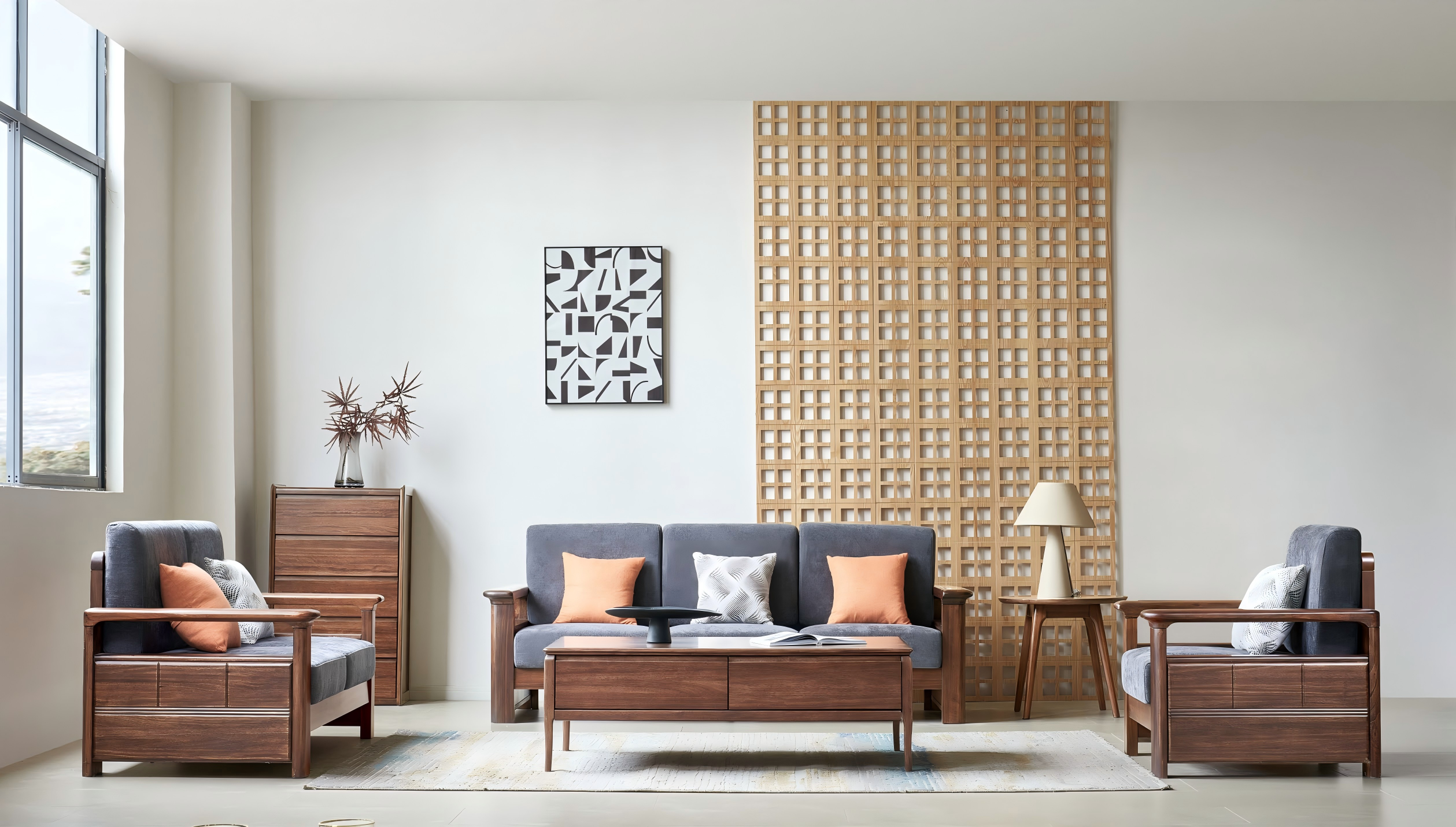 黑胡桃木沙发中式全实木直排沙发客厅现代简约小户型沙发冬夏两用