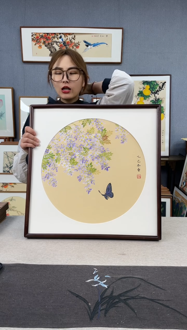 【闪购商品】国画手写手绘带框作品-52*52-紫藤