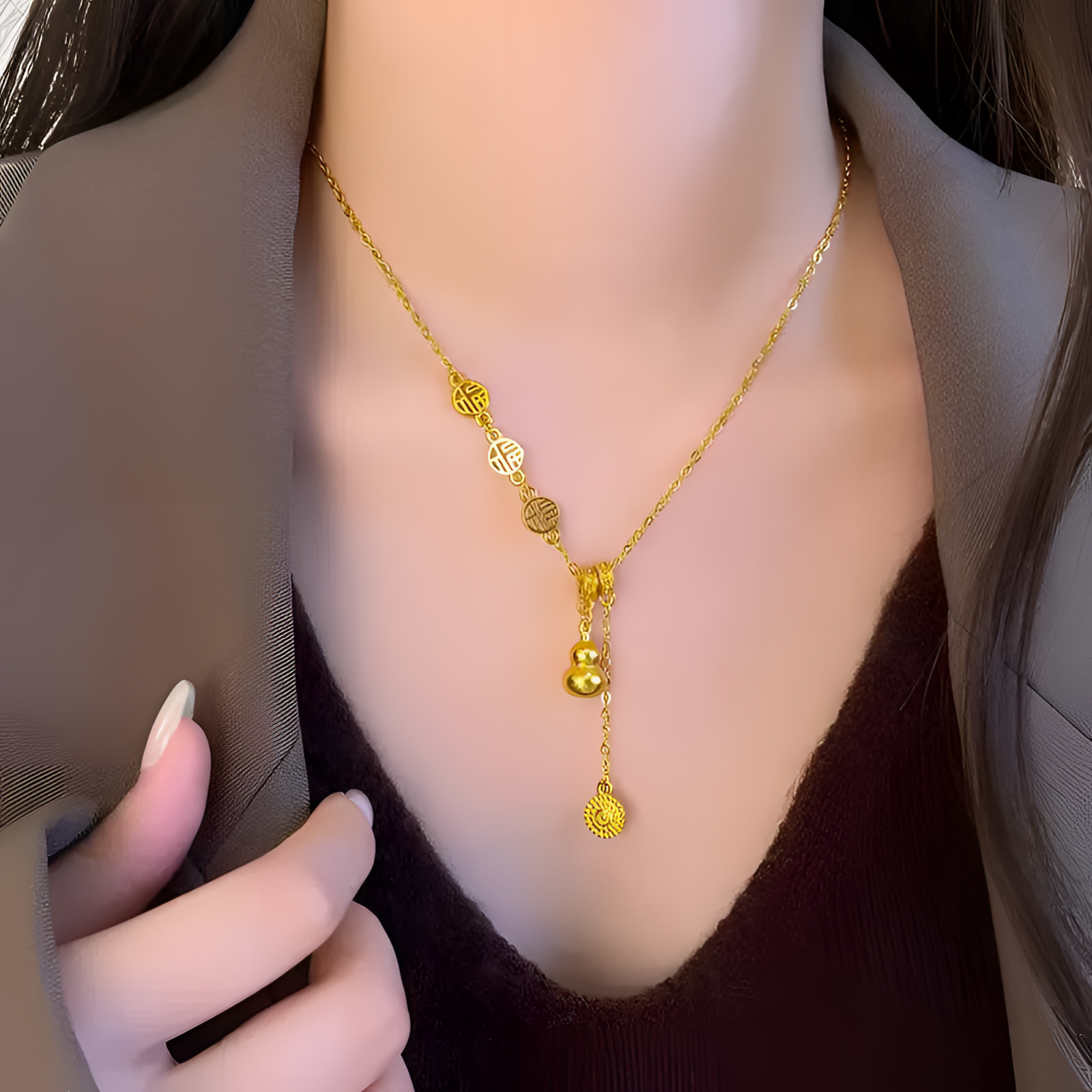 铜合金项链  铜合金项链 镀K金（拍一发二送小金坨项链）流苏福葫芦