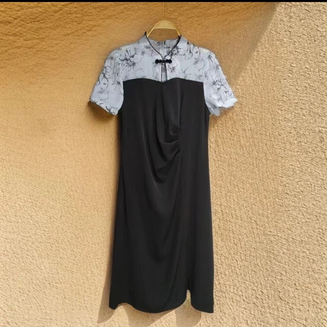 【SY169】时尚国风拼接连衣裙2025夏季新款显瘦收腰黑色a字裙