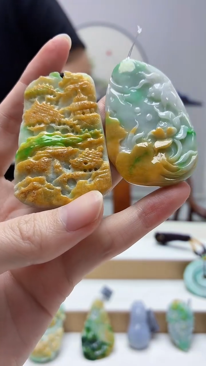 未镶嵌定制翡翠4688zm-毛货一对挂件62