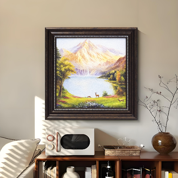 中古风格聚宝盆山水画餐厅客厅沙发背景墙高档大气装饰画鹿3838