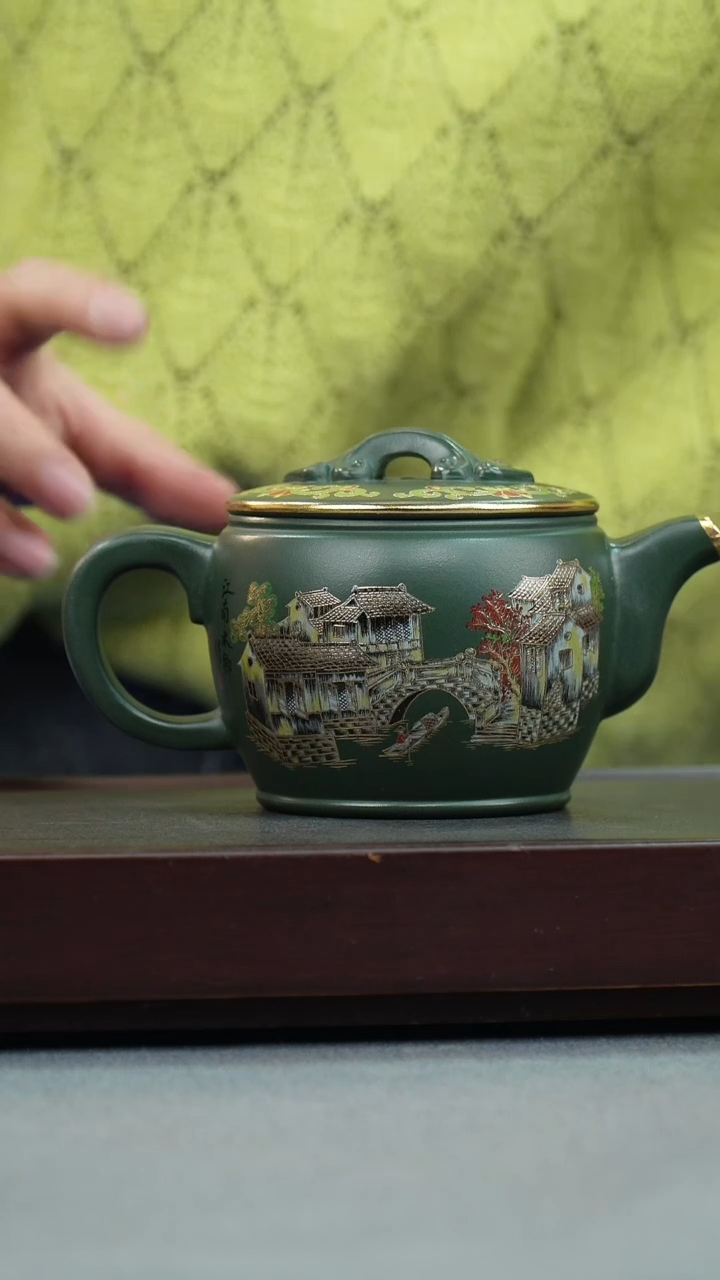 【闪购商品】紫砂茶壶绿泥 汉瓦 忆江南珐琅彩