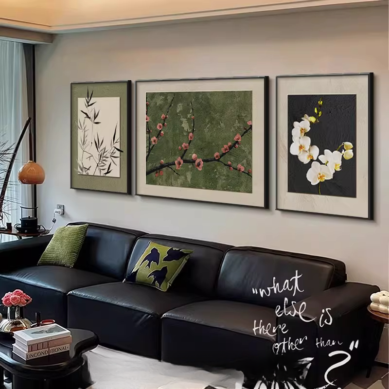 新中式绿色客厅装饰画南洋风沙发背景墙挂画复古三联组合2025新款