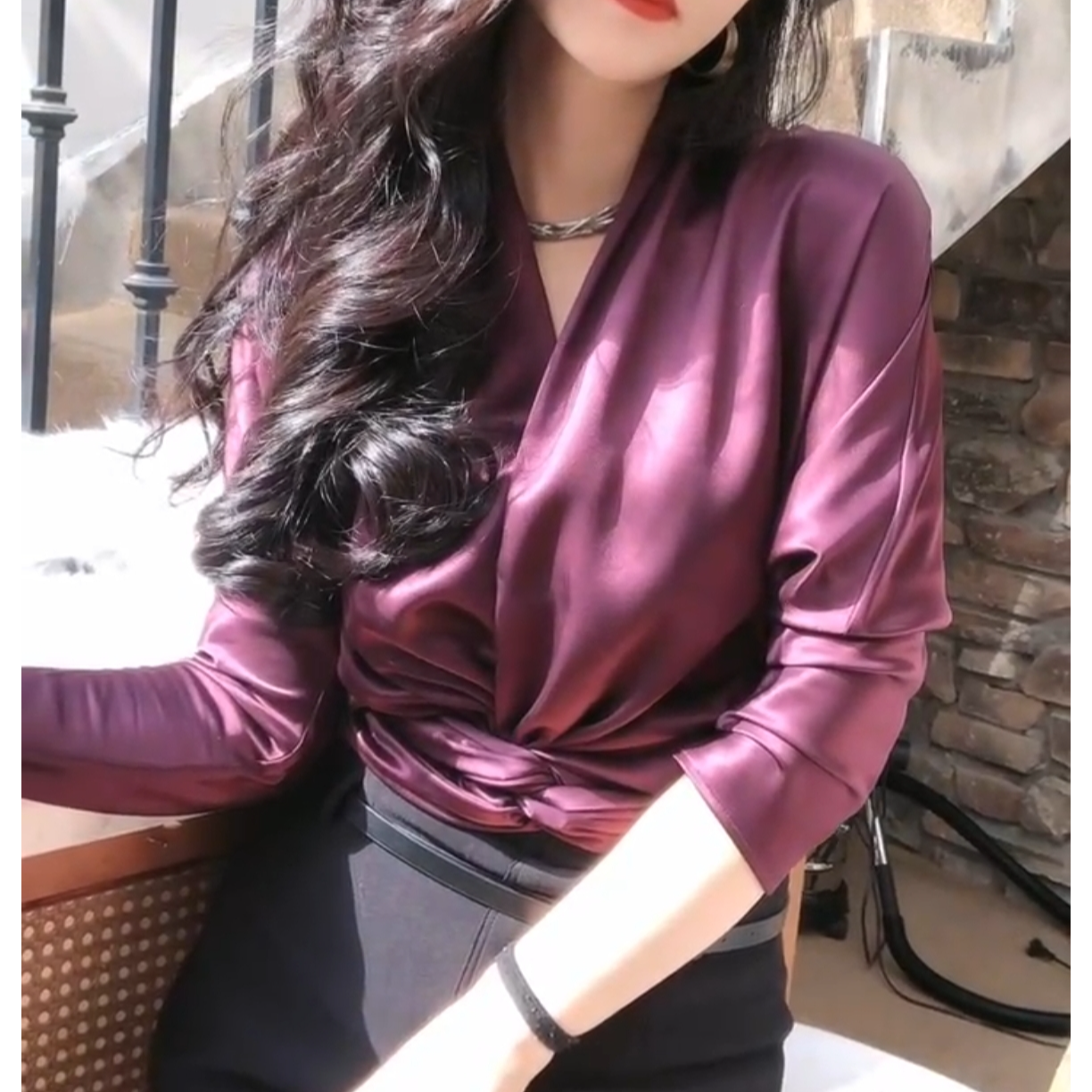 春季服饰春新款罗兰紫高级感V领交叉醋酸衬衫上衣纯色显瘦