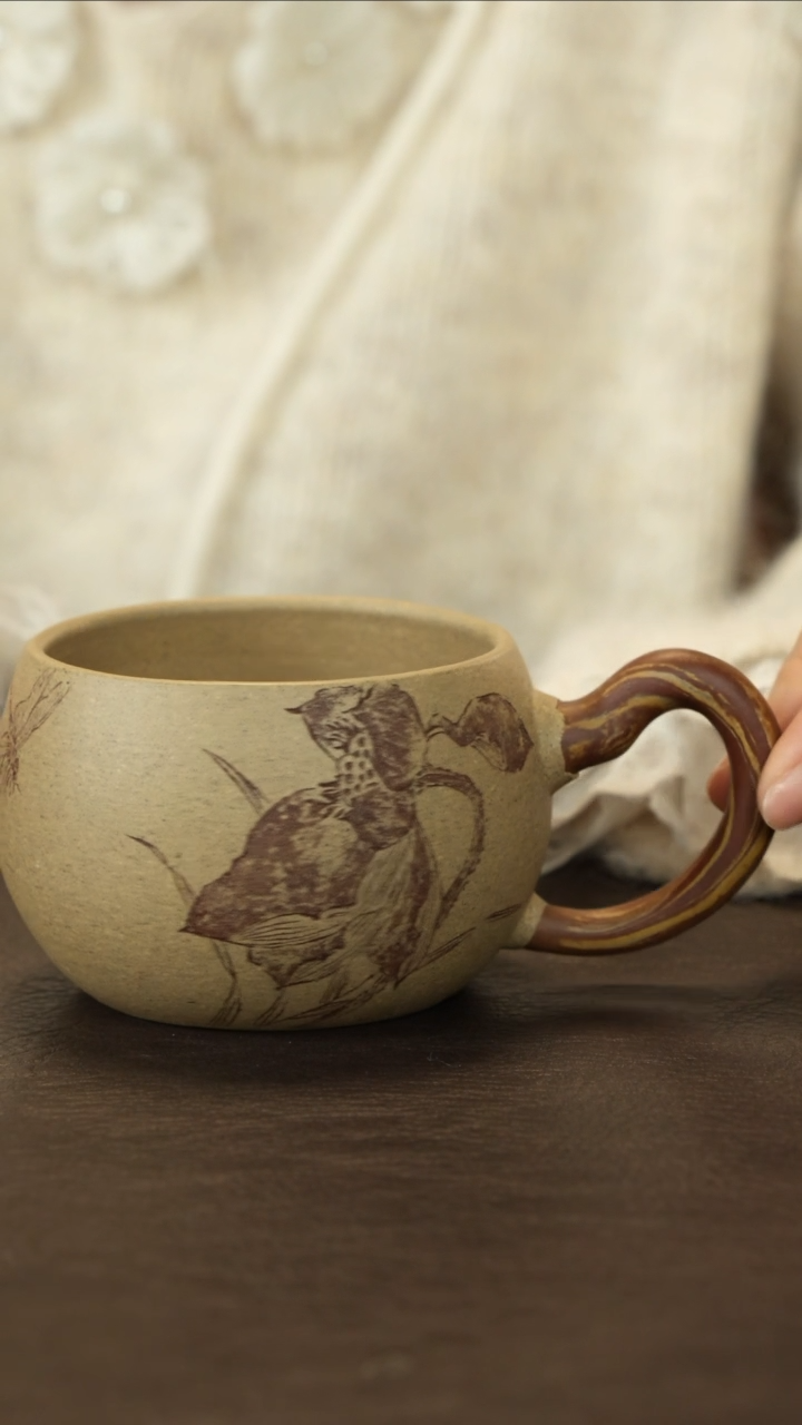 【闪购商品】紫砂茶杯直播福利李建军刻绘荷花把杯