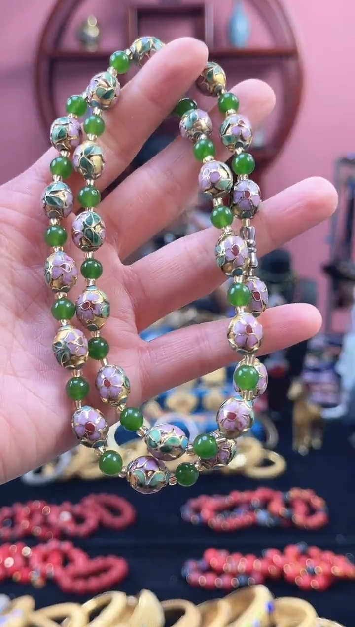 非遗 景泰蓝 金地 枣珠 项链 墨绿