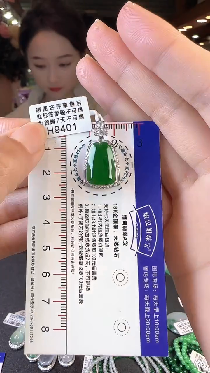 【闪购商品】翡翠颈饰18K金镶嵌H9401冰辣绿无事牌