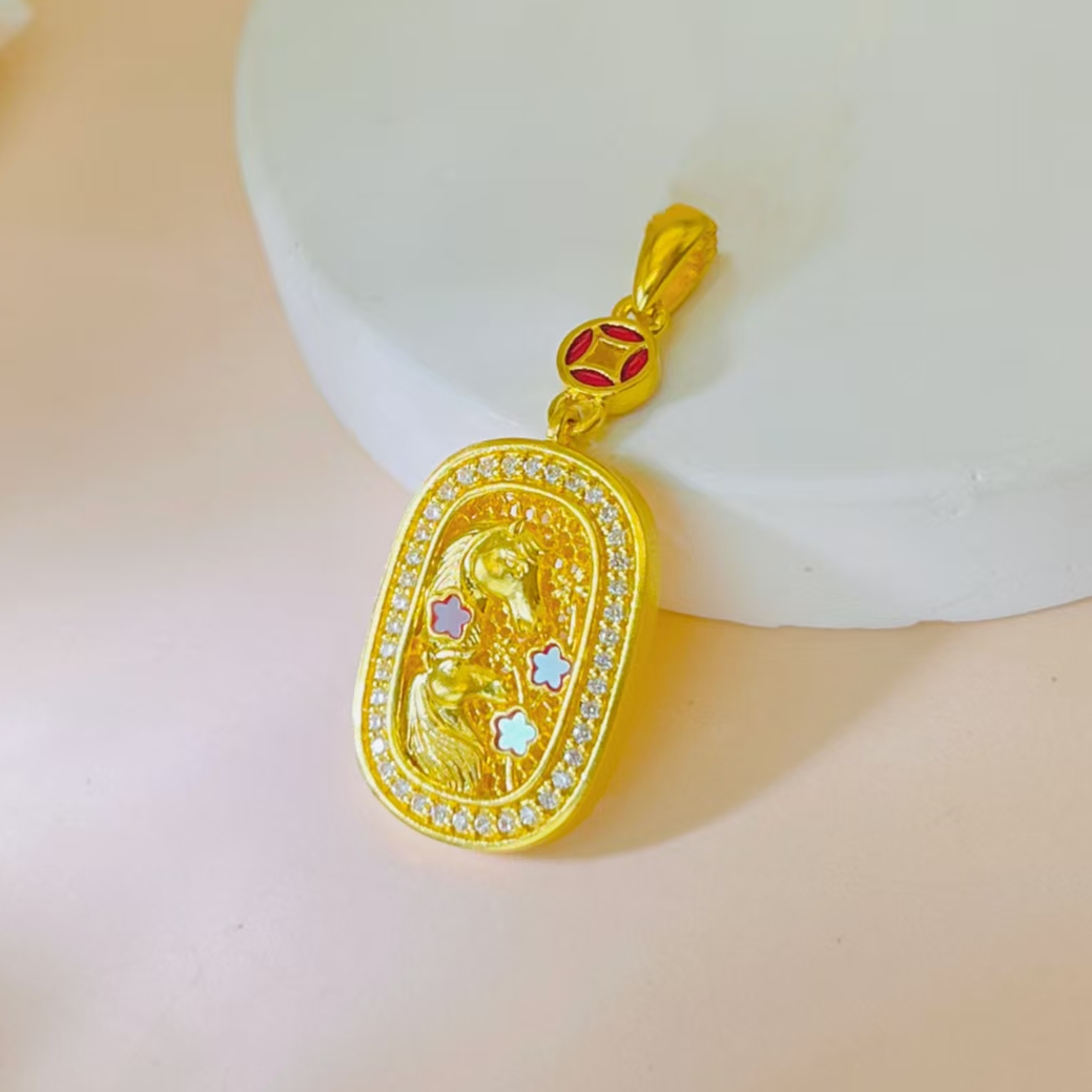 双十二【赛菲尔万足】“马上有钱花”螺钿小马点钻黄金吊坠国风吊坠